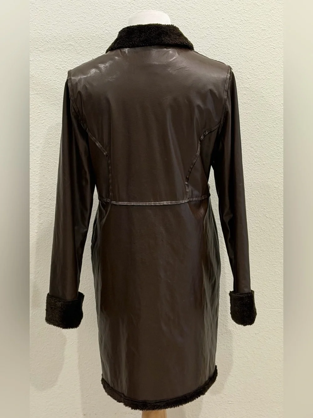 Outer Edge Y2K Brown Faux Leather Faux Fur Trim Trench Coat Large Jacket Grunge
